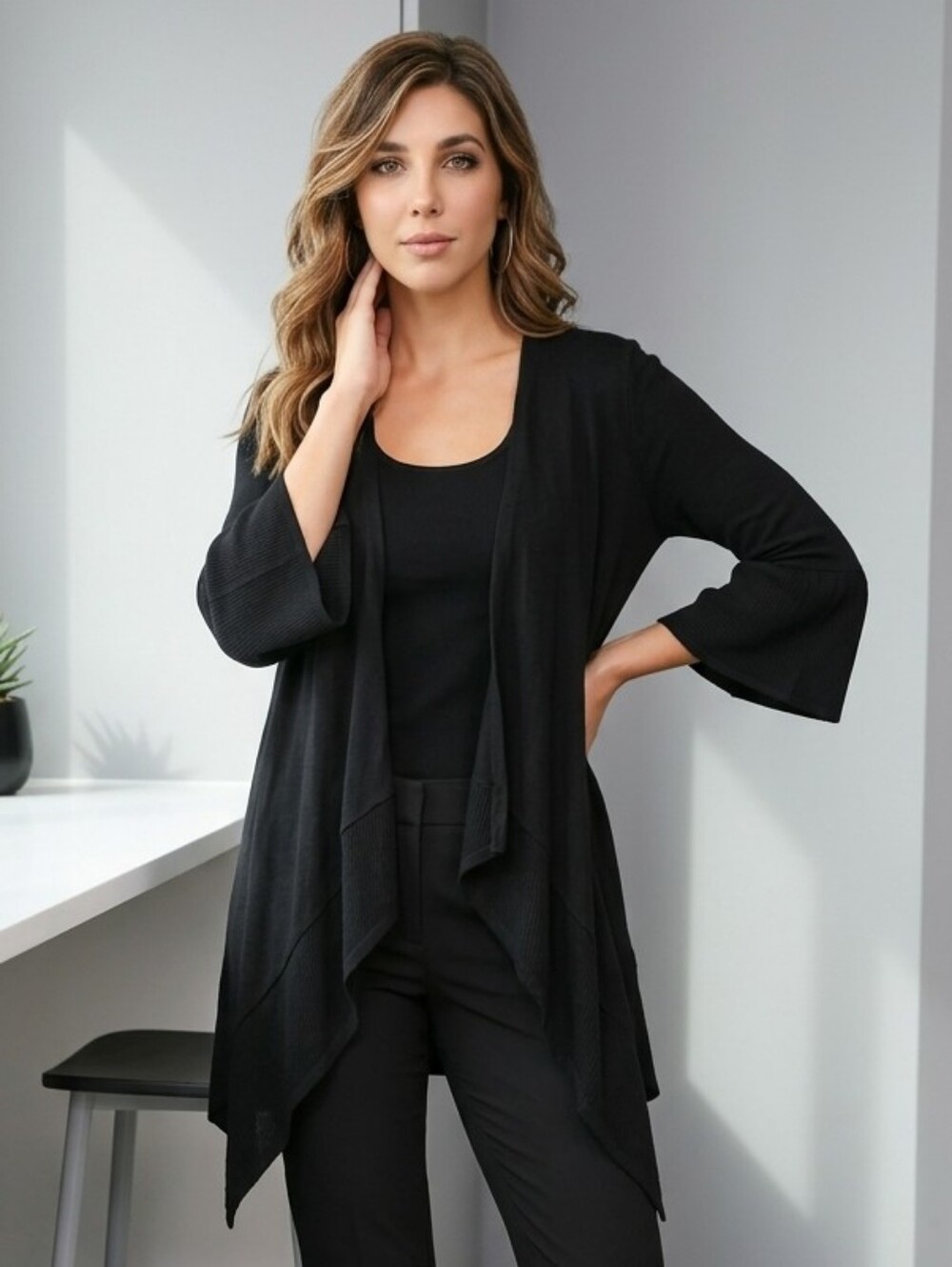 Alyx Black Open Front Drape Cardigan Bell Sleeve Asymmetrical Sweater Small
